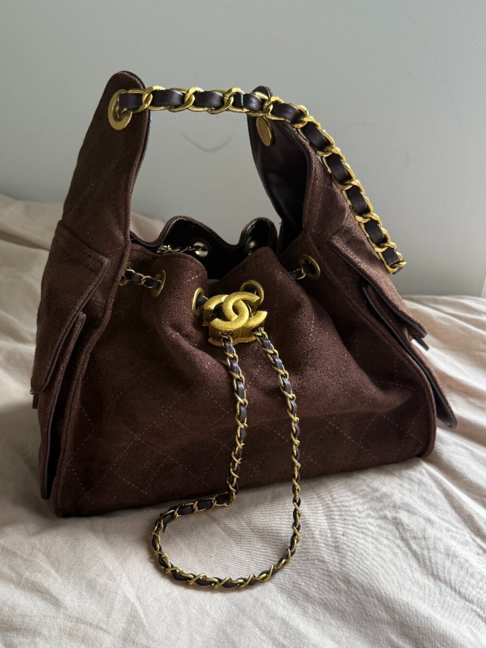 Brown Suede Gold Chain Bucket Shoulder Bag